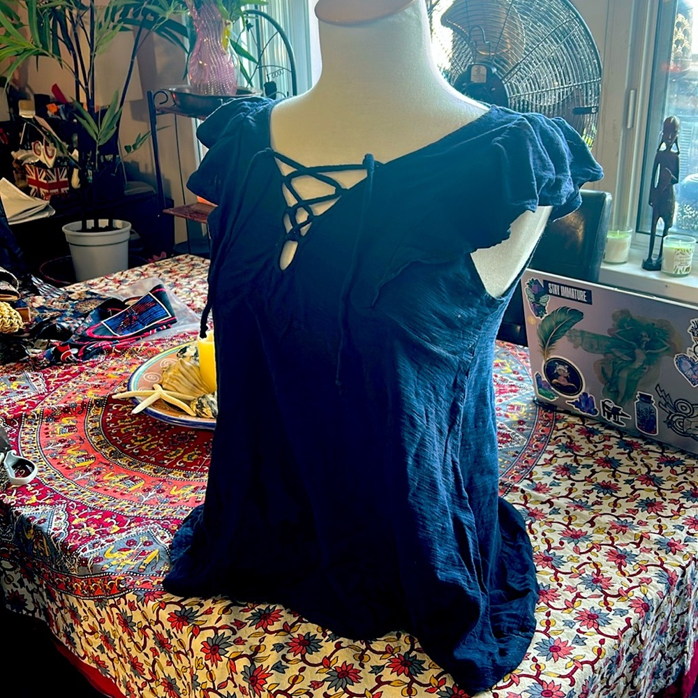 3 for $20 Navy blue flutter sleeve lace up front tee size Medium